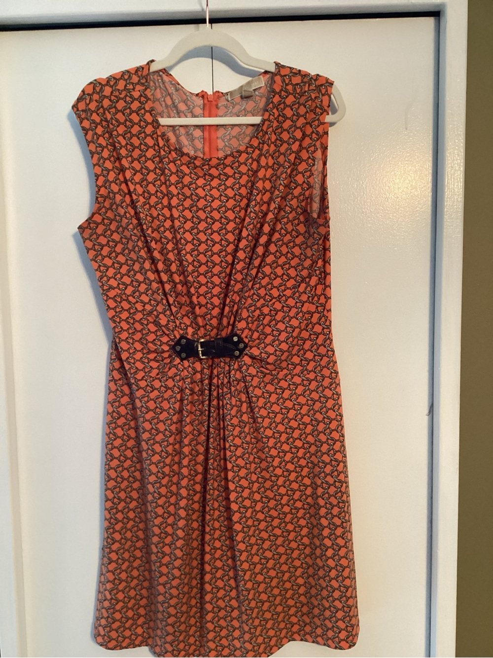 Michael Kors Coral Printed Sleeveless Midi Dress with Black Belt Accent